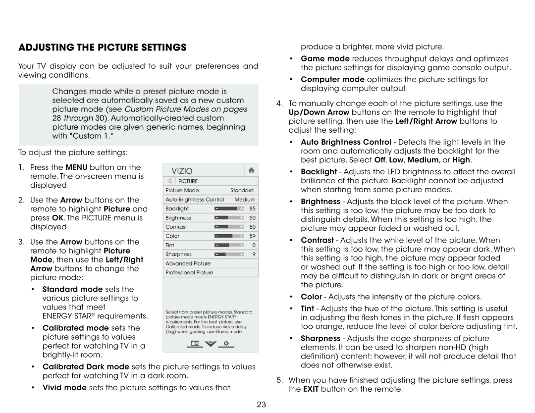 Vizio E320fi-B2 user manual Adjusting the Picture Settings 