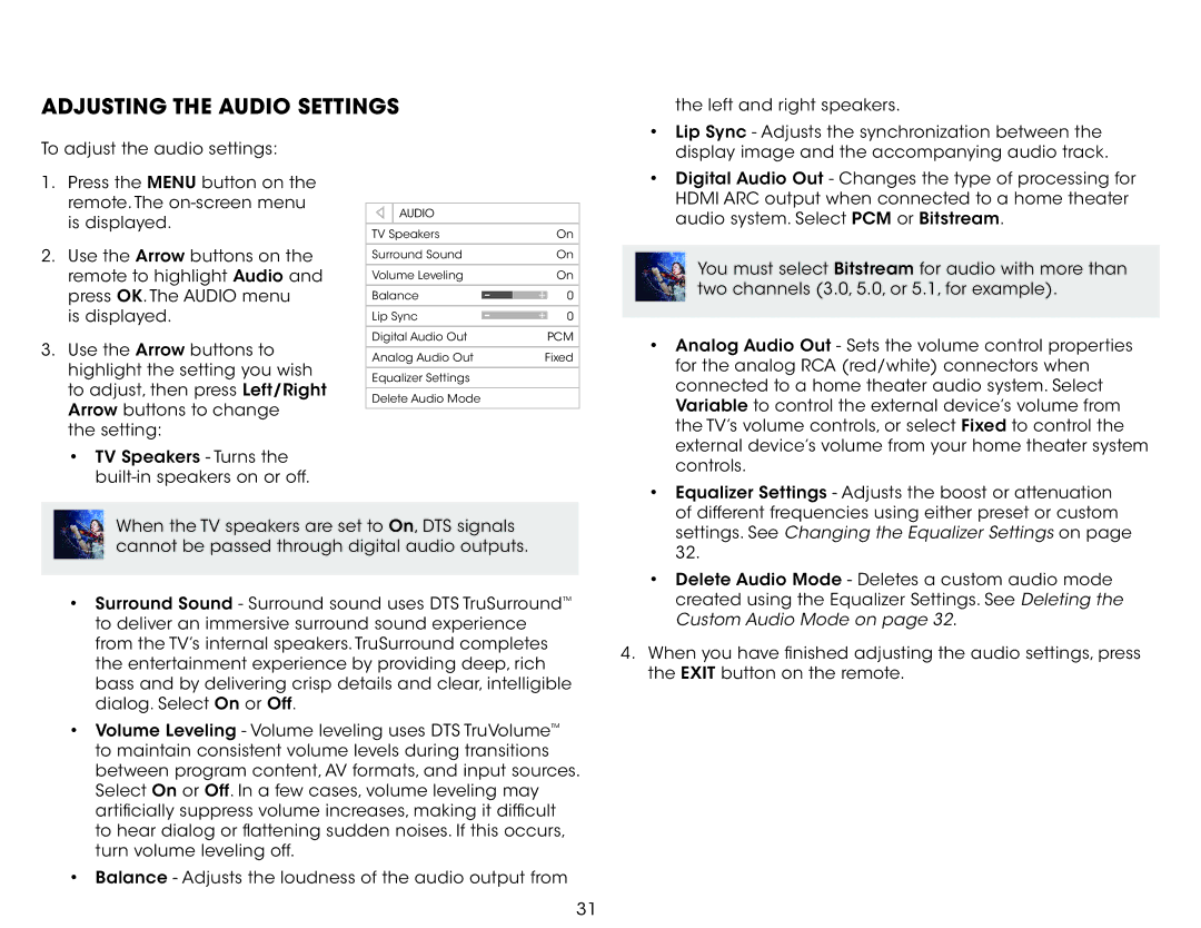 Vizio E320fi-B2 user manual Adjusting the Audio Settings, Settings. See Changing the Equalizer Settings on 