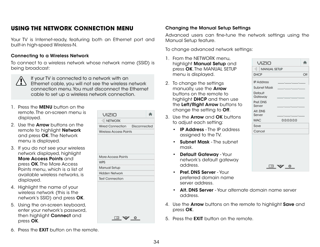 Vizio E320fi-B2 user manual Using the Network Connection Menu 