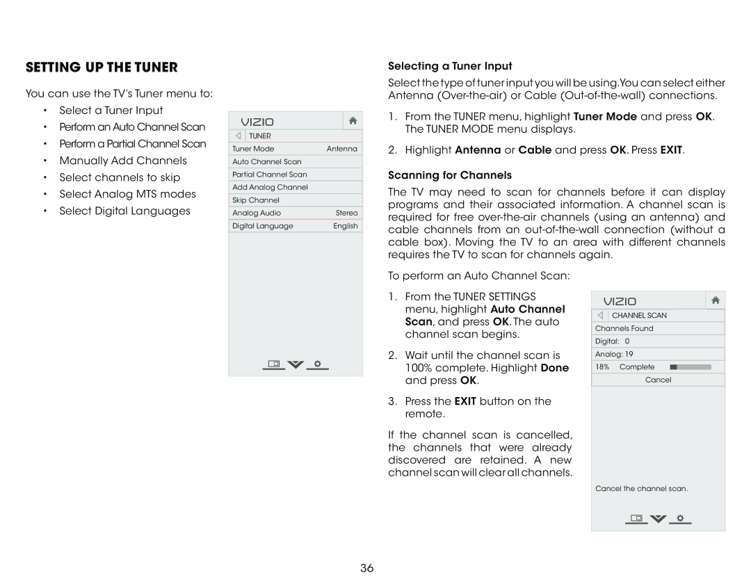 Vizio E320fi-B2 user manual Setting Up the Tuner 