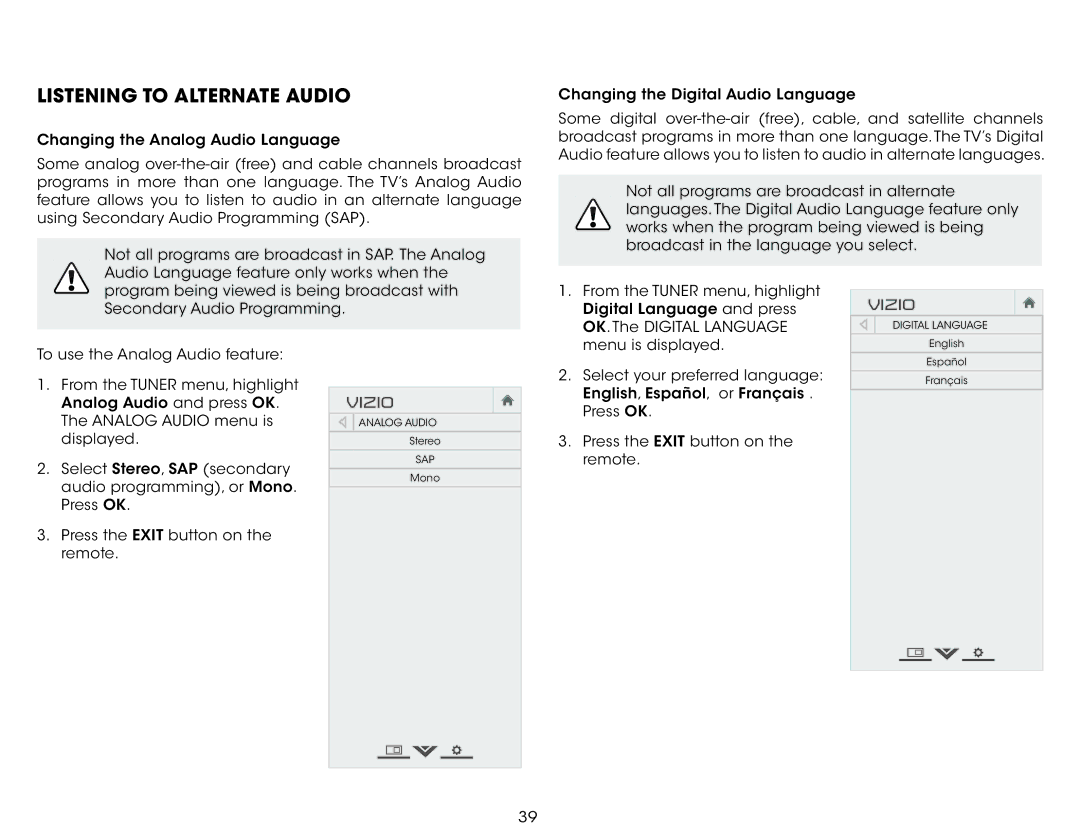 Vizio E320fi-B2 user manual Listening to Alternate Audio 