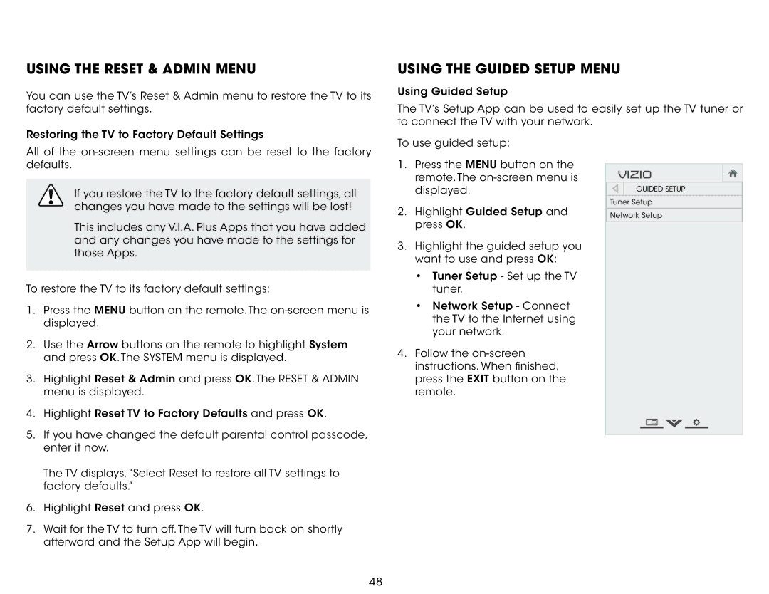 Vizio E320fi-B2 user manual Using the Reset & Admin Menu, Using the Guided Setup Menu 