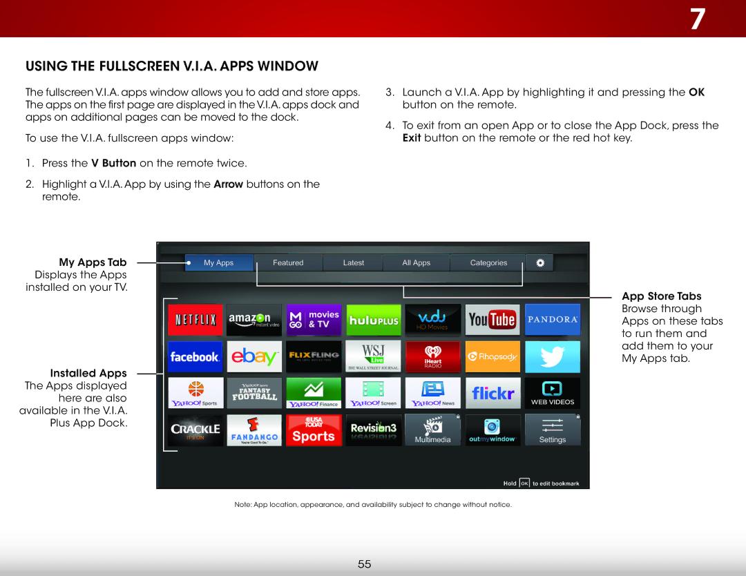 Vizio E320fi-B2 user manual Using the fullscreen V.I.A. Apps Window 