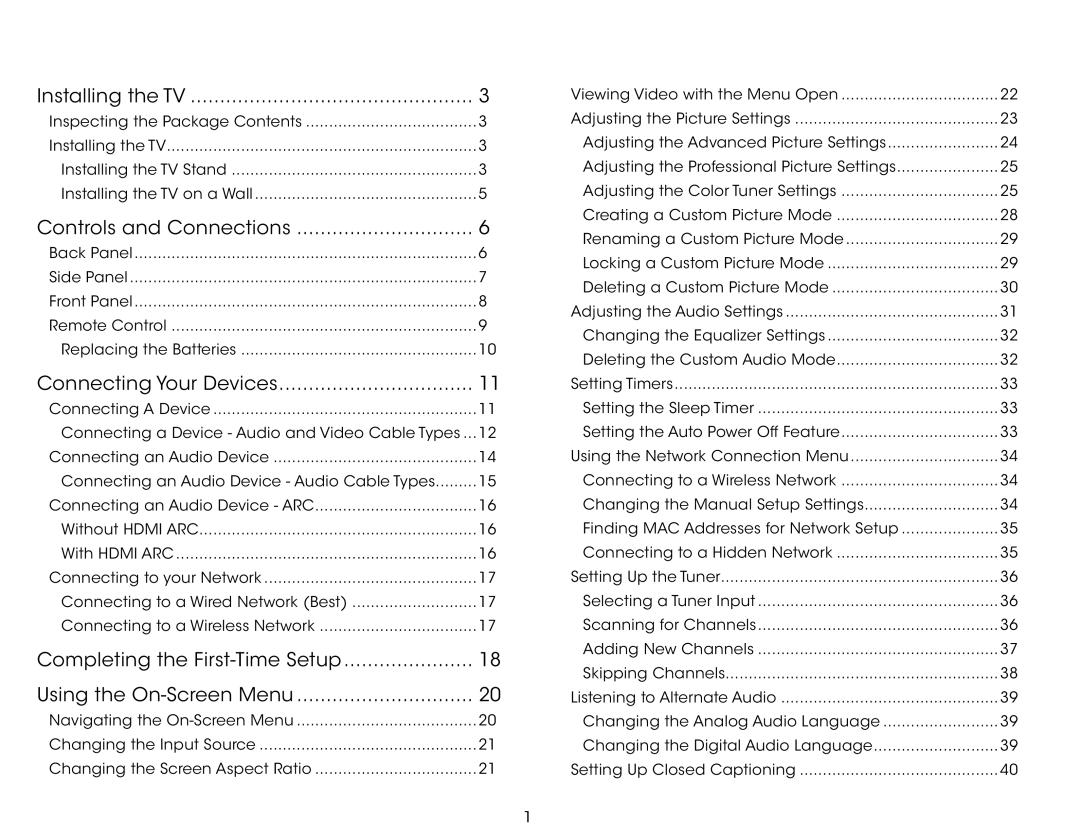 Vizio E320fi-B2 user manual Table of Contents 