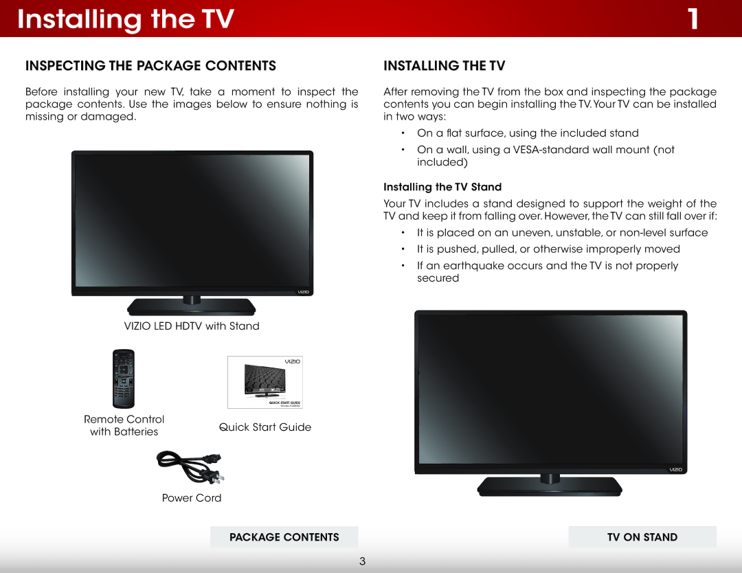 Vizio E320fi-B2 user manual Installing the TV, Inspecting the Package Contents 