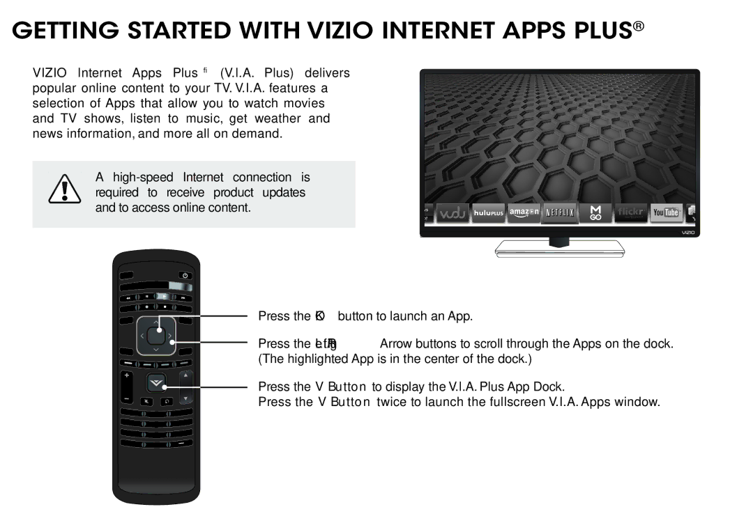 Vizio E320fi-B2 manual Getting Started with Vizio Internet Apps Plus 