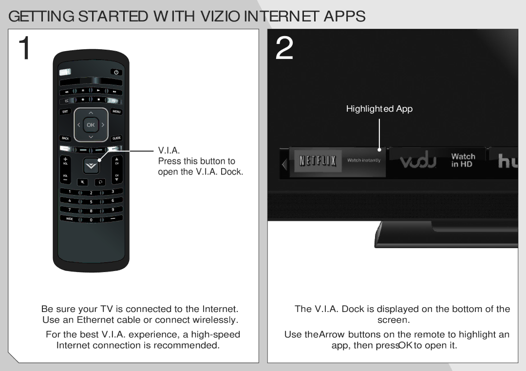 Vizio E320I-A0 manual Getting Started with Vizio Internet Apps 