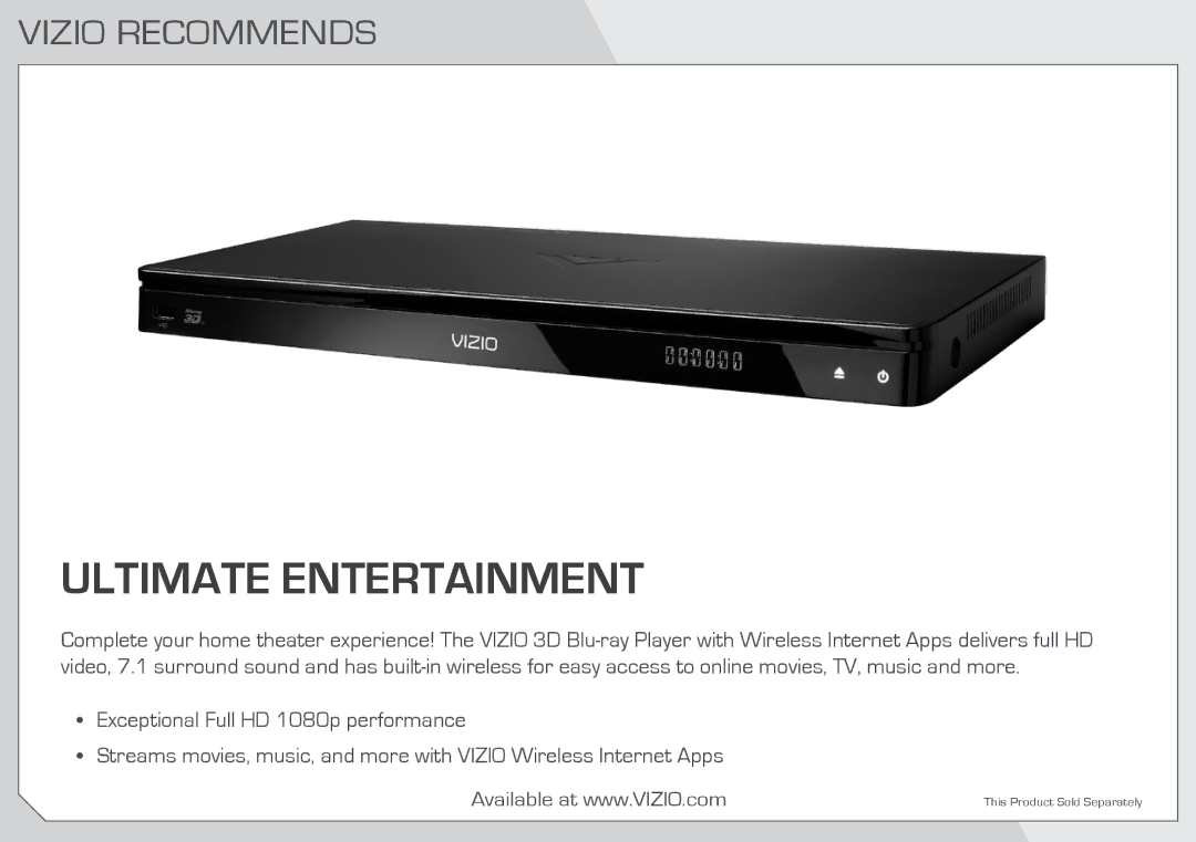 Vizio E320I-A0 manual Ultimate Entertainment, Vizio Recommends 