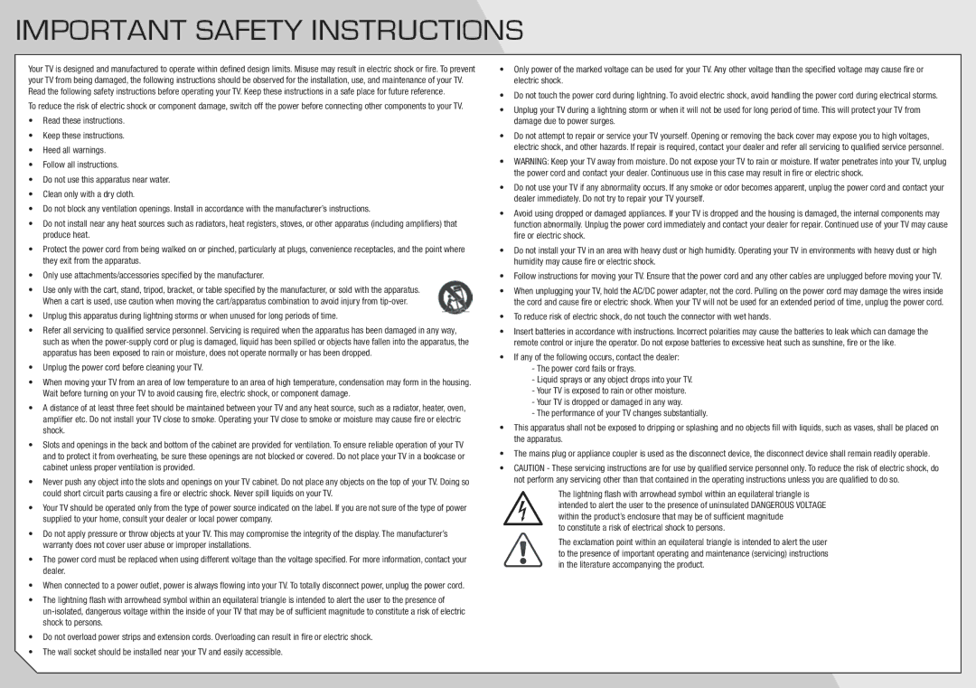 Vizio E320I-A0 manual Important Safety Instructions, Electric shock 