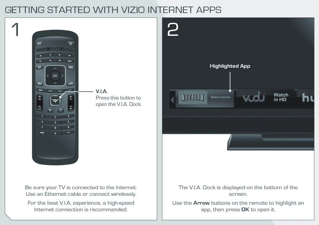 Vizio E320I-A0 manual Getting Started With Vizio Internet Apps, For the best V.I.A. experience, a high-speed 