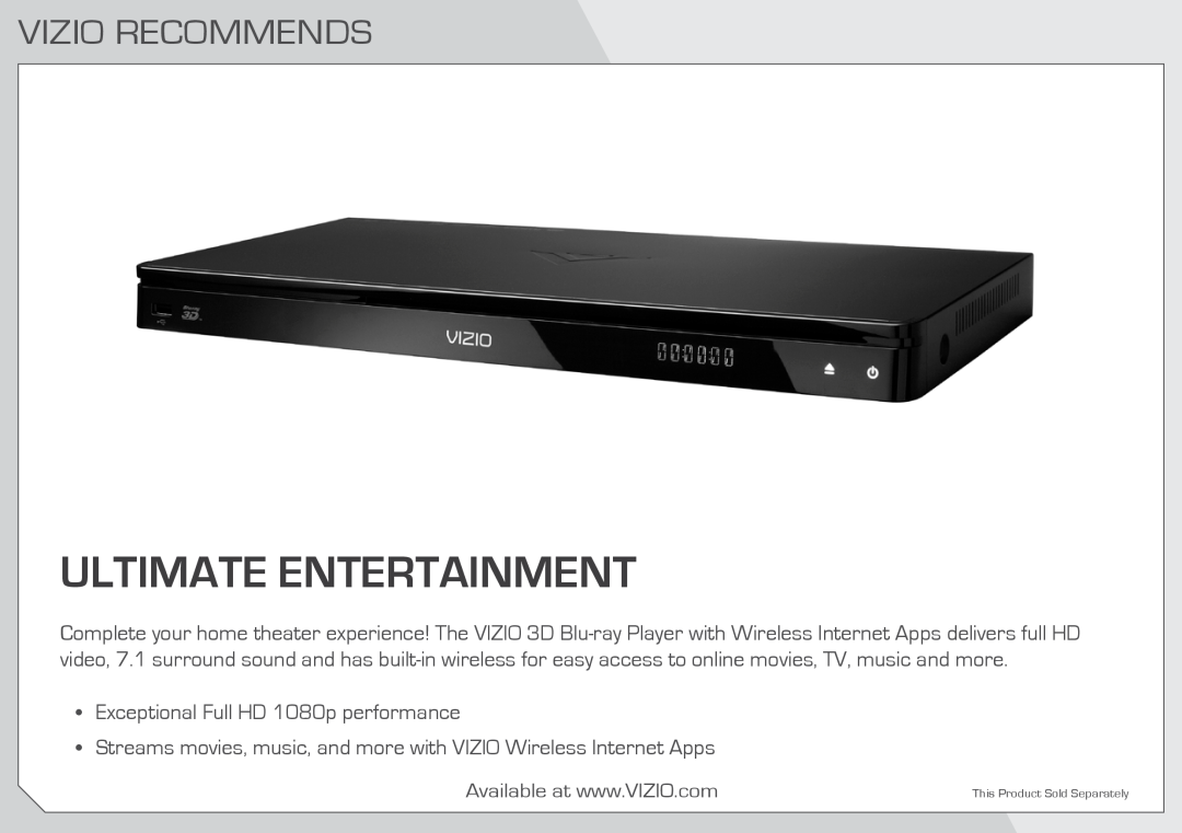 Vizio E320I-A0 manual Vizio Recommends, Ultimate Entertainment 