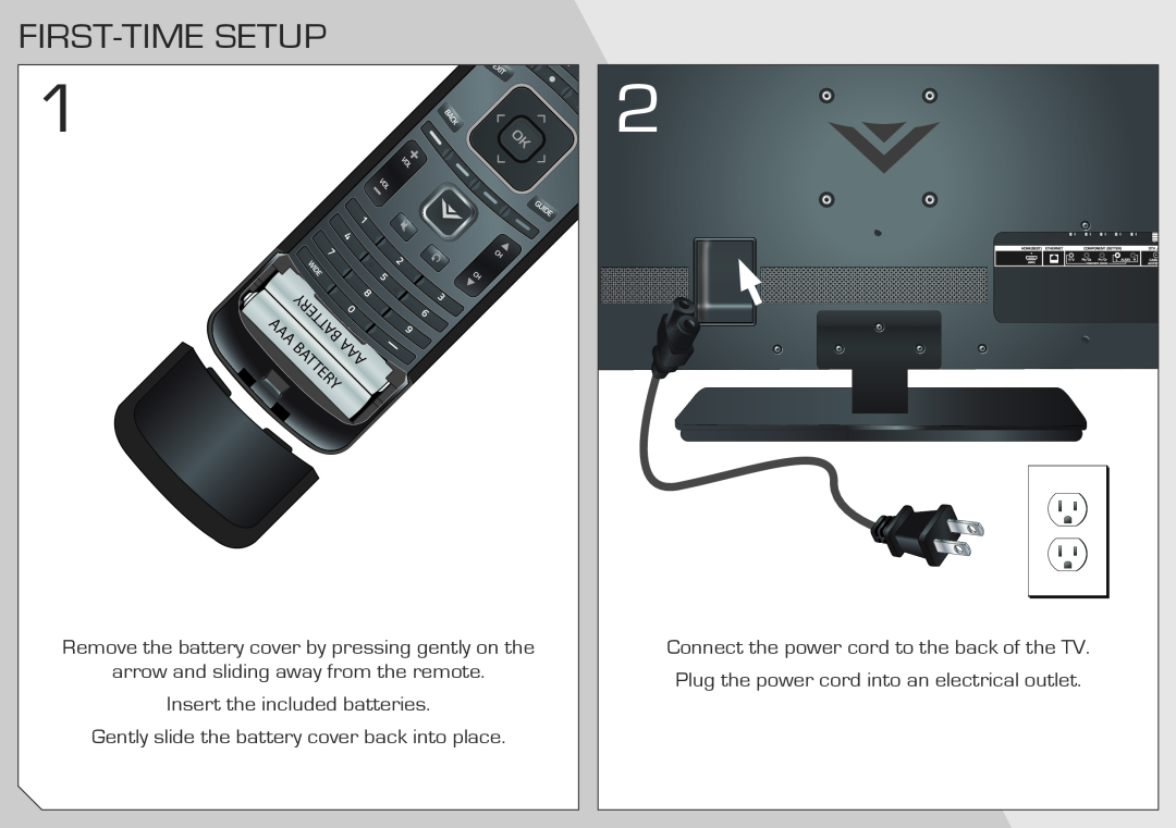 Vizio E320I-A0 manual First-Time Setup, Aaabattery Batteryaaa, Remove the battery cover by pressing gently on the 