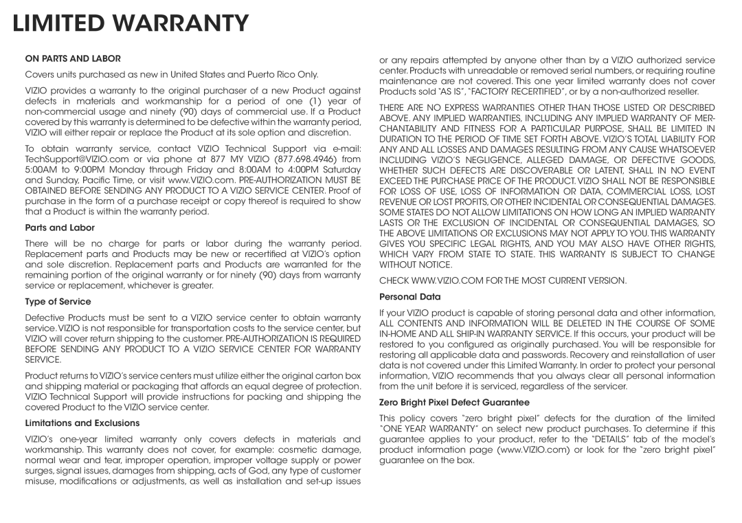 Vizio E320i-A2 manual Limited Warranty, On Parts and Labor 