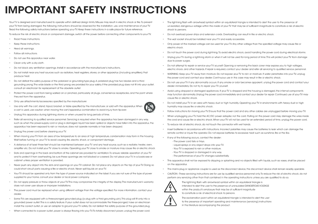 Vizio E320i-A2 manual Important Safety Instructions 