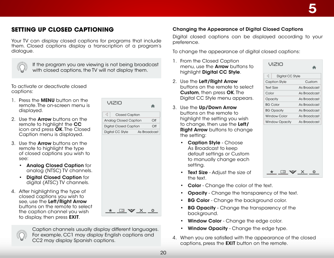 Vizio E320i-A2 user manual Setting Up Closed Captioning 