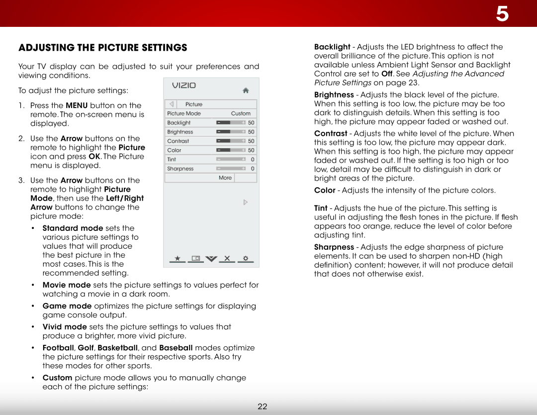 Vizio E320i-A2 user manual Adjusting the Picture Settings 