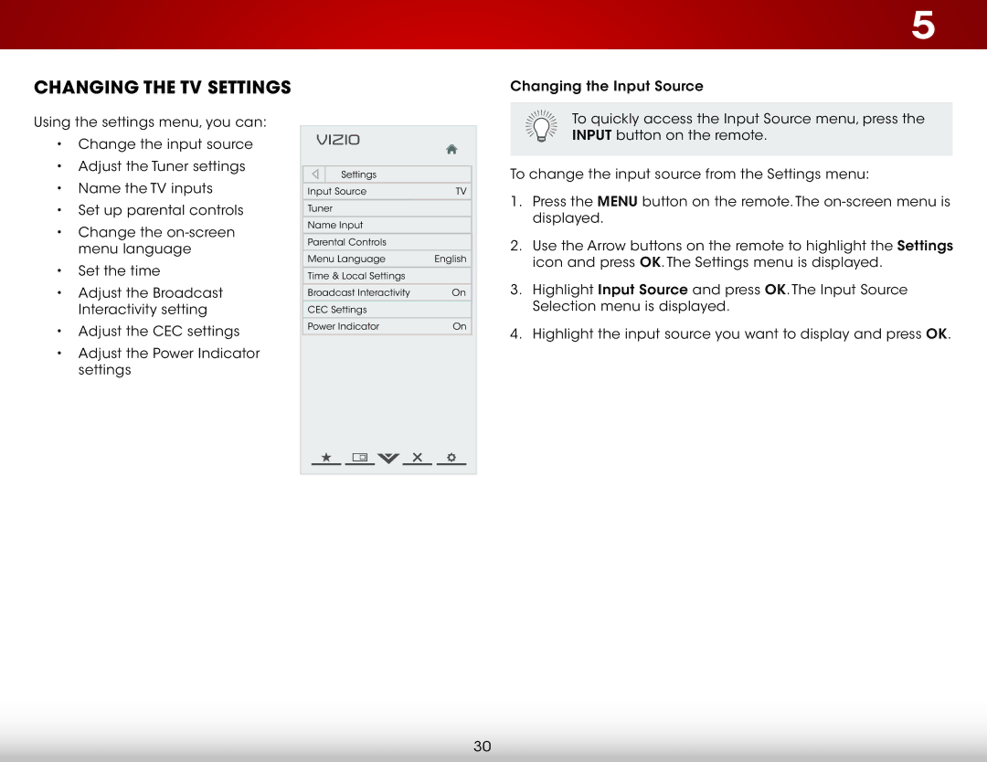 Vizio E320i-A2 user manual Changing the TV Settings 