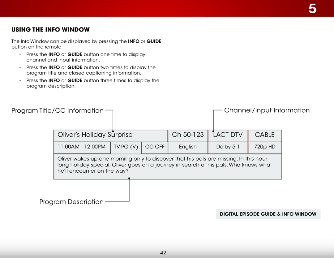 Vizio E320i-A2 user manual Lact DTV Cable, Using the Info Window 