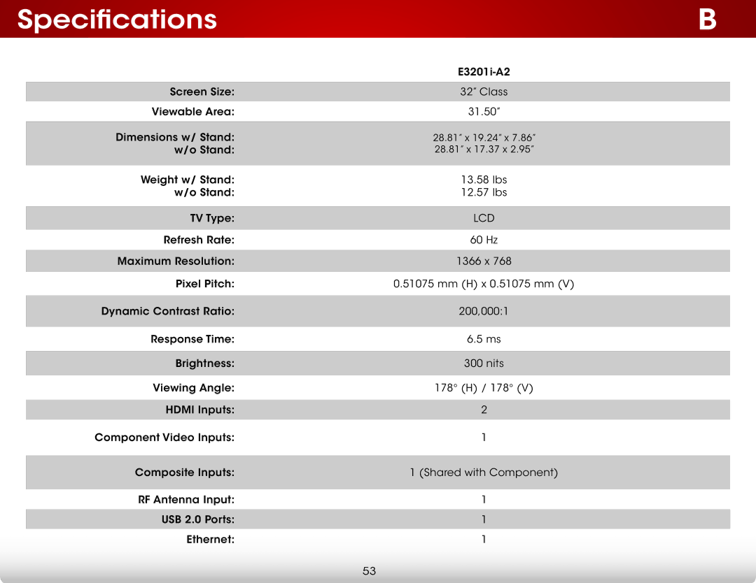 Vizio E320i-A2 user manual Specifications, Lcd 