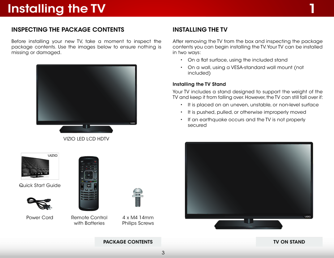 Vizio E320i-A2 user manual Installing the TV, Inspecting the Package Contents 