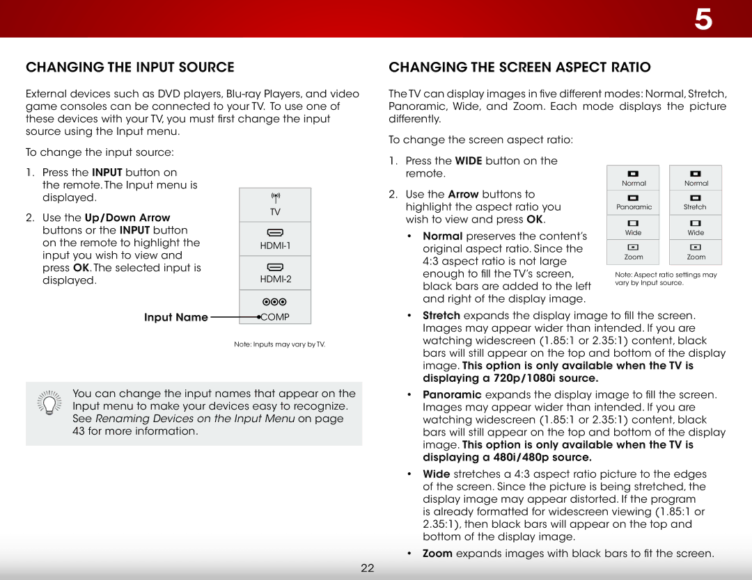 Vizio E320i-B1 user manual Changing the Input Source, Changing the Screen Aspect Ratio 