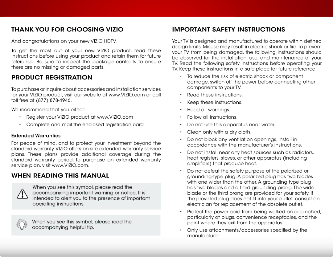 Vizio E320i-B1 Thank You for Choosing Vizio, Product Registration, When Reading this Manual, Important Safety Instructions 