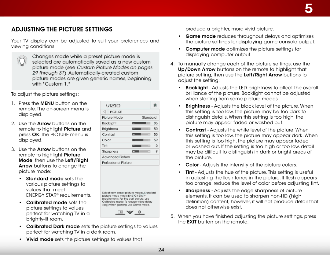 Vizio E320i-B1 user manual Adjusting the Picture Settings 