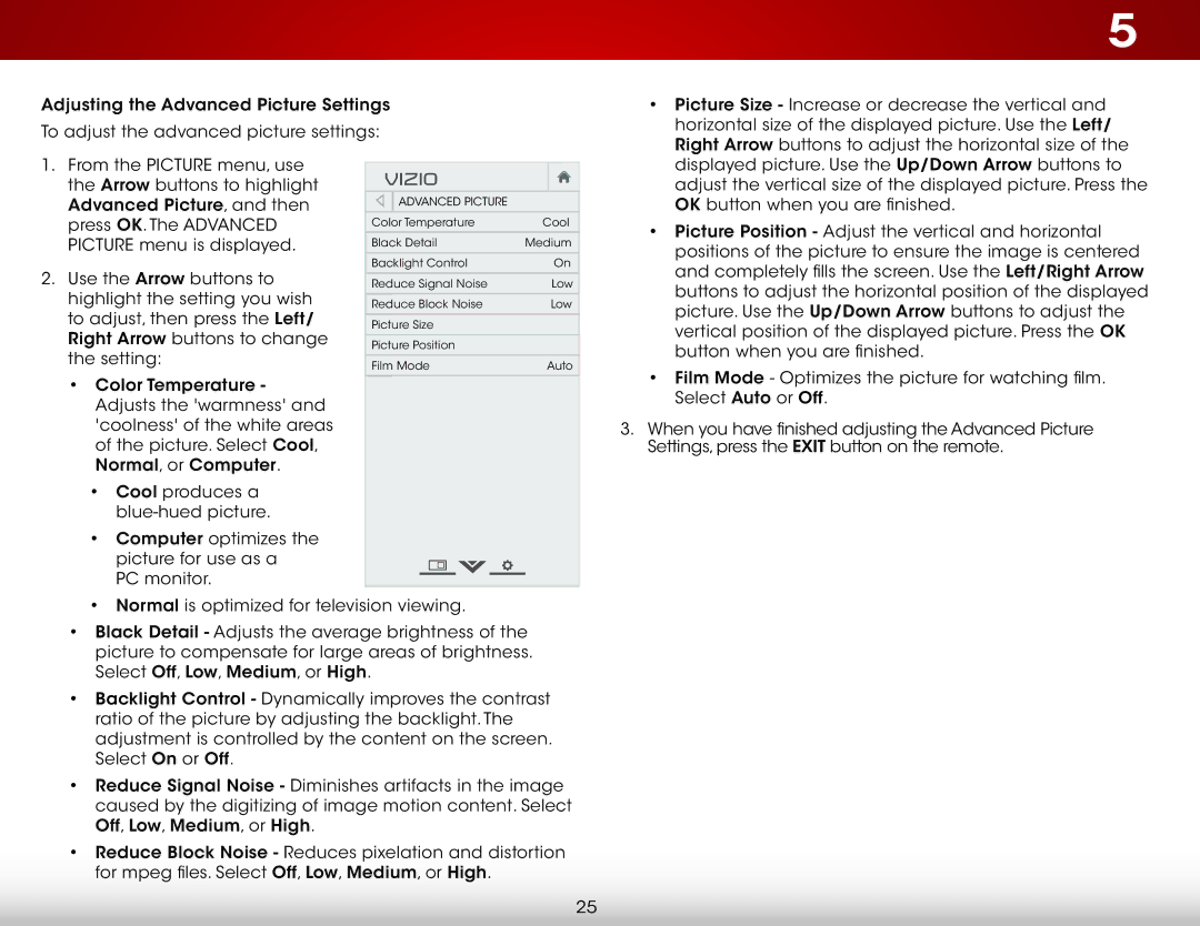 Vizio E320i-B1 user manual Arrow buttons to highlight Advanced Picture, and then 