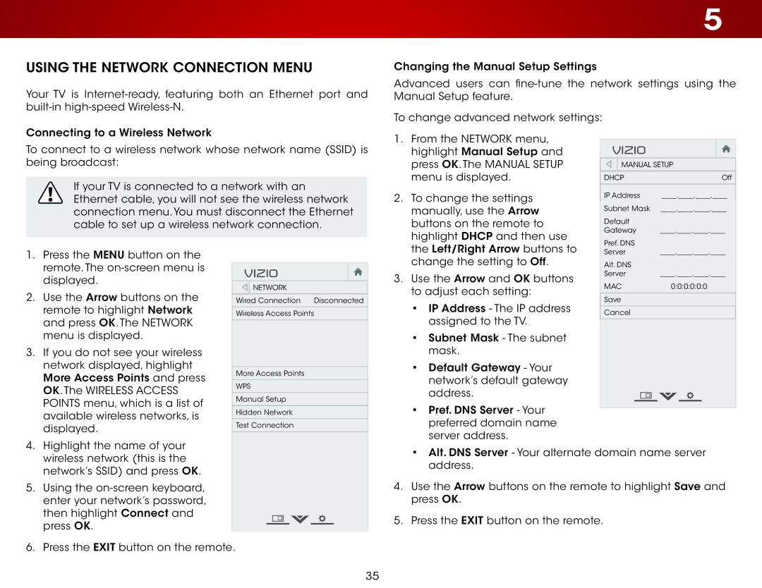 Vizio E320i-B1 user manual Using the Network Connection Menu 