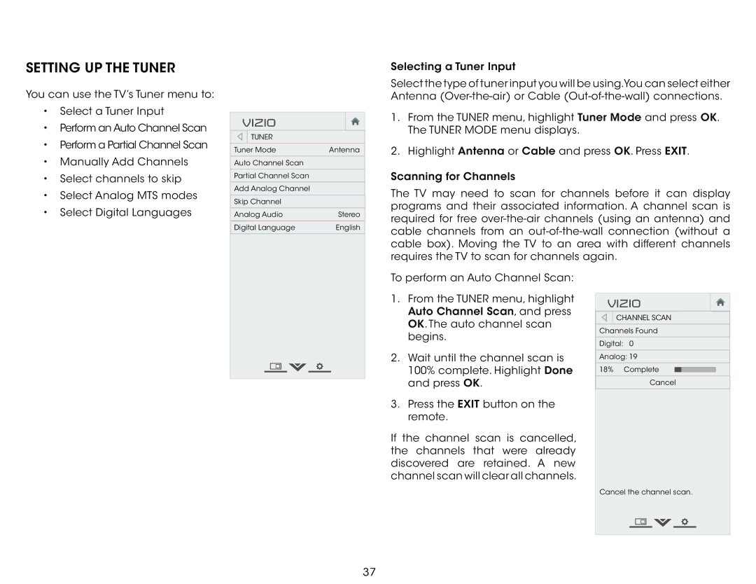 Vizio E320i-B1 user manual Setting Up the Tuner 