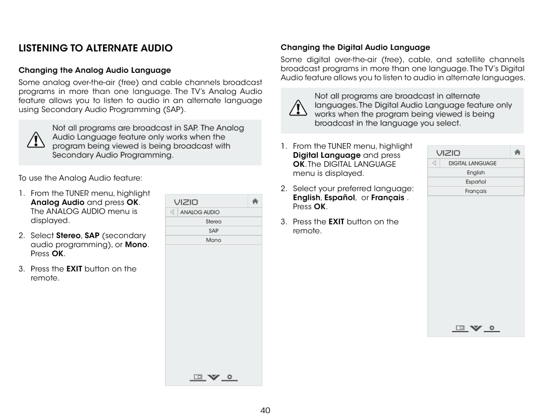 Vizio E320i-B1 user manual Listening to Alternate Audio 