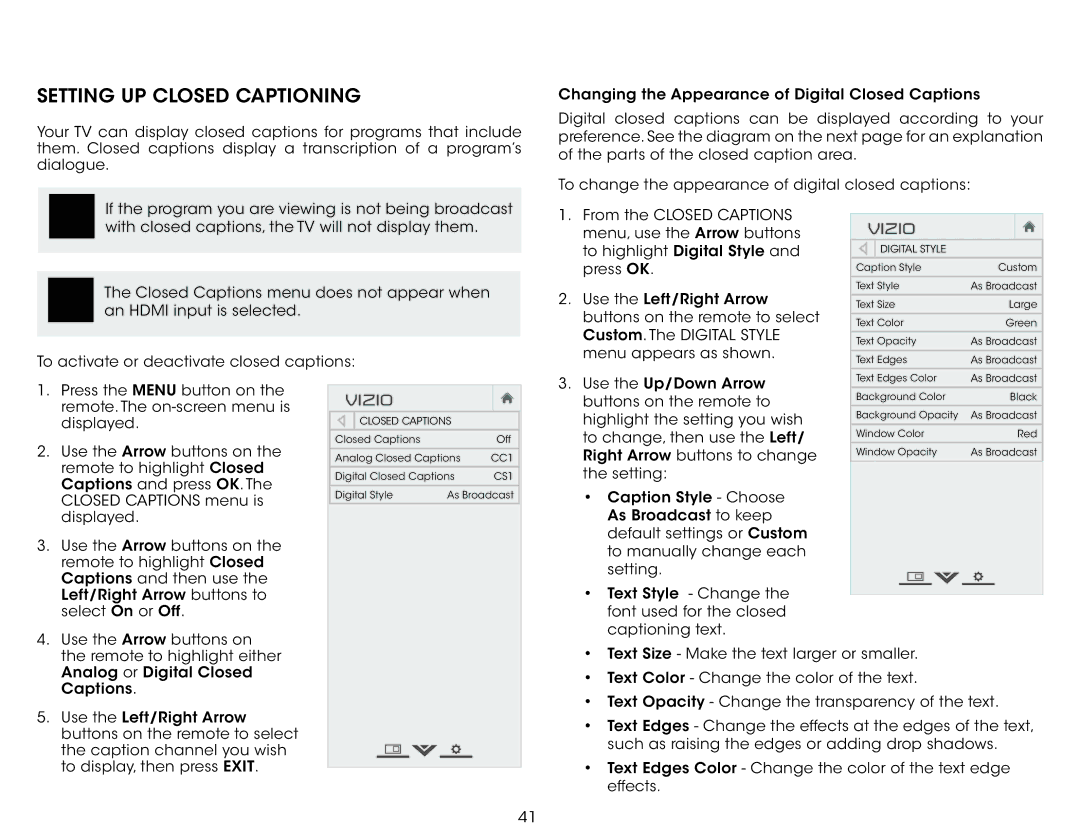 Vizio E320i-B1 user manual Setting Up Closed Captioning 