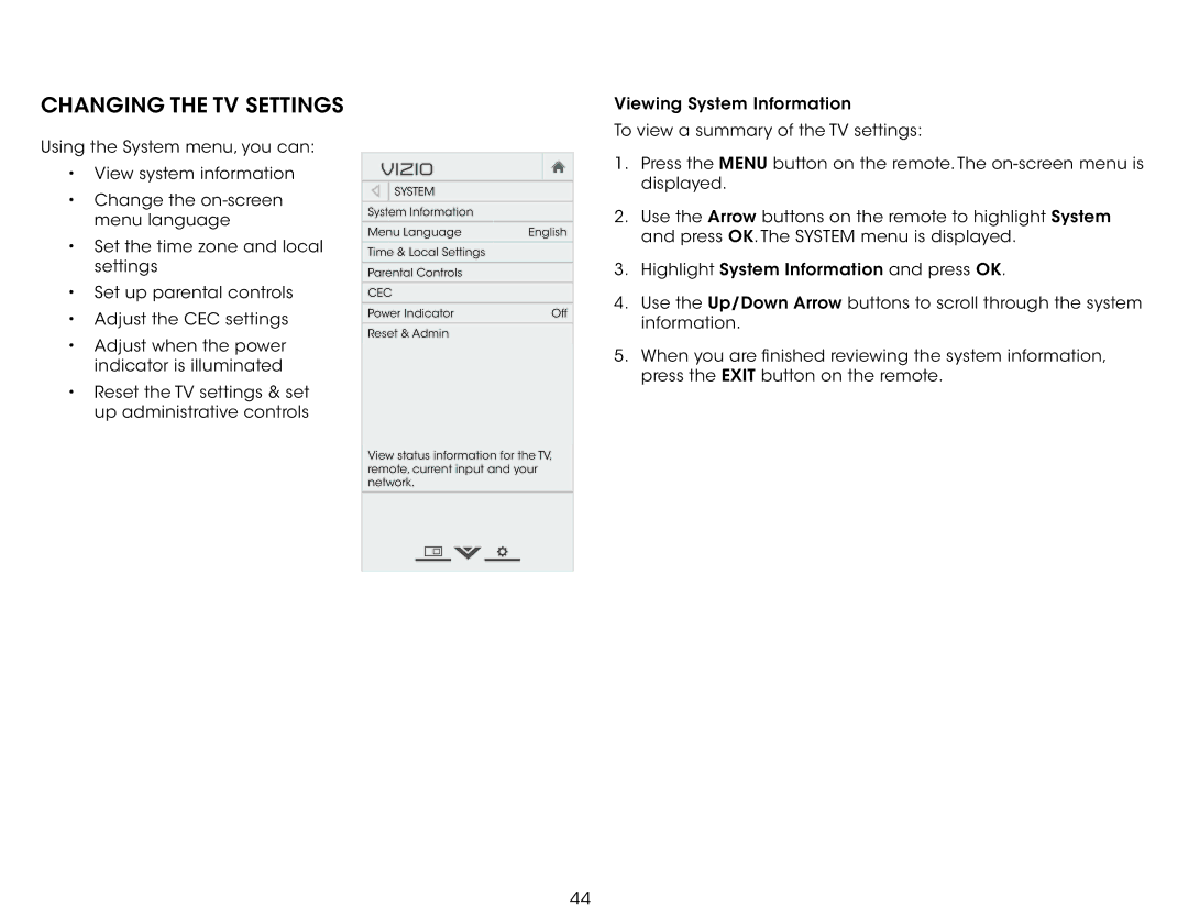 Vizio E320i-B1 user manual Changing the TV Settings, Cec 