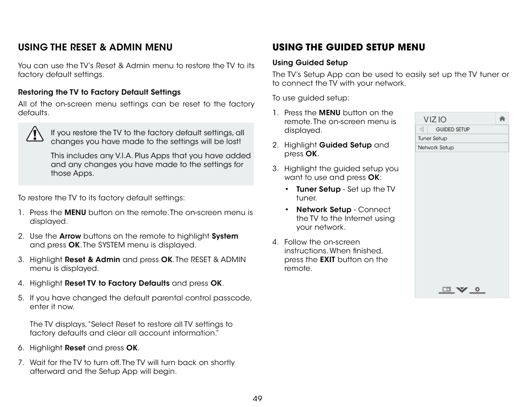 Vizio E320i-B1 user manual Using the Reset & Admin Menu, Using the Guided Setup Menu 