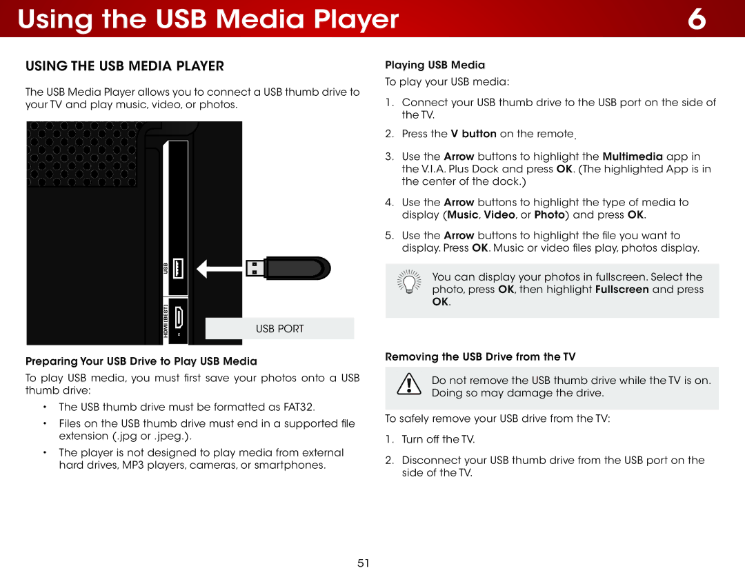 Vizio E320i-B1 user manual Using the USB Media Player, USB Port 