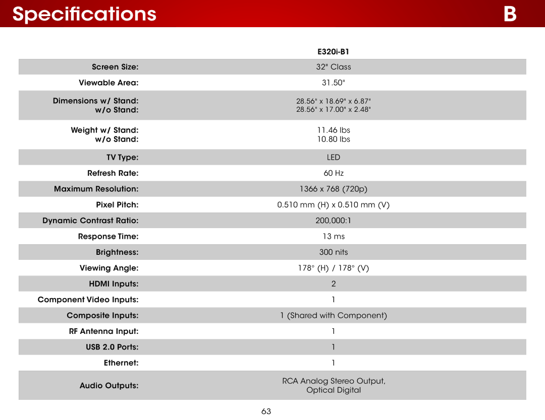 Vizio E320i-B1 user manual Specifications 