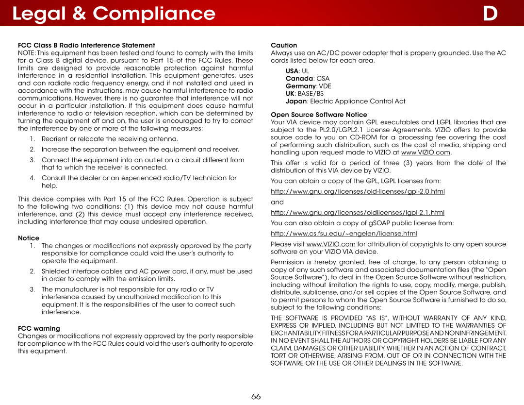 Vizio E320i-B1 user manual Legal & Compliance, Uk Base/Bs 