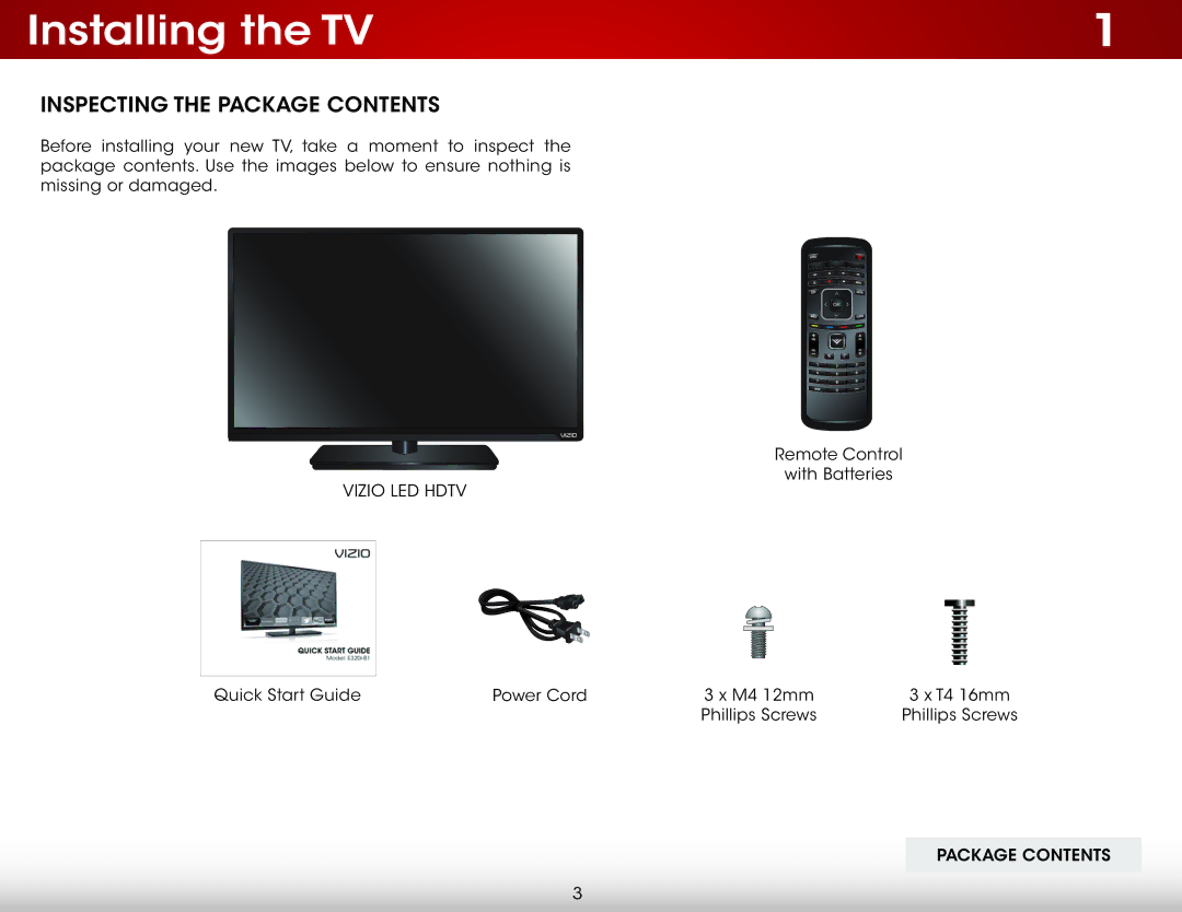 Vizio E320i-B1 user manual Installing the TV, Inspecting the Package Contents 