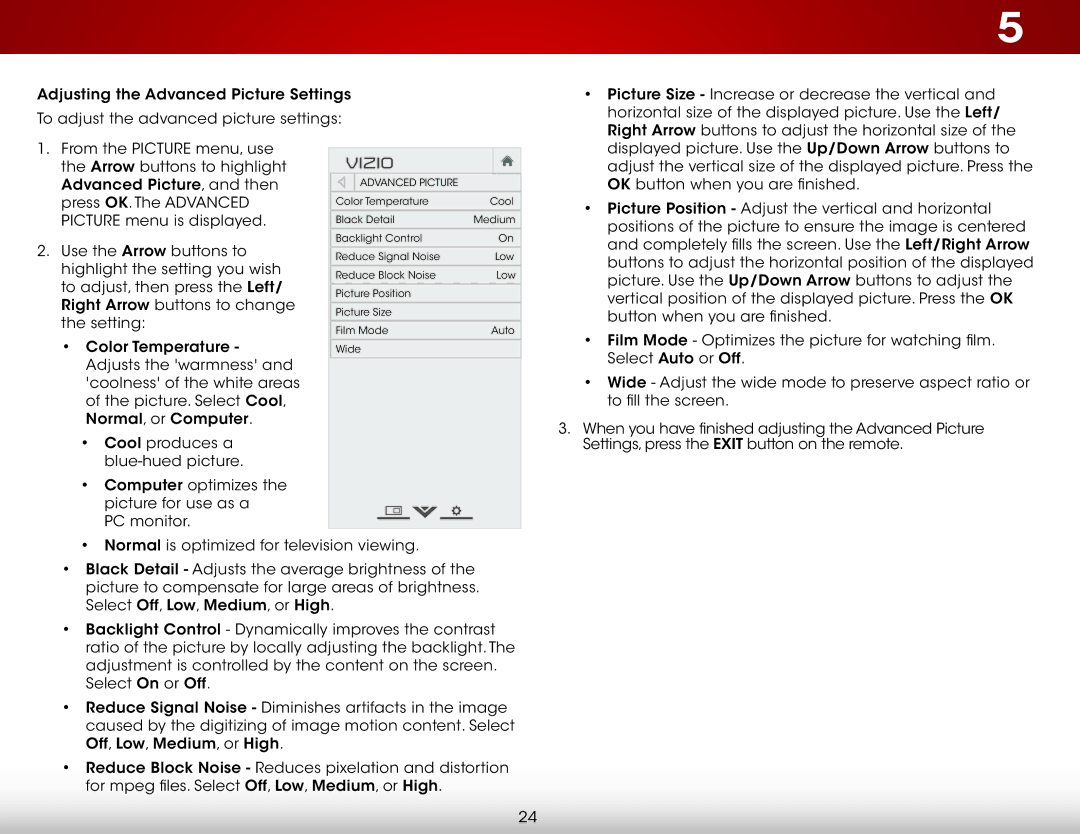 Vizio E320i-BO user manual Arrow buttons to highlight Advanced Picture, and then 