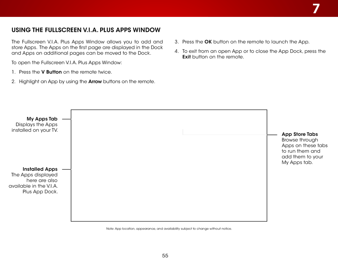 Vizio E320i-BO user manual Using the Fullscreen V.I.A. Plus Apps Window 