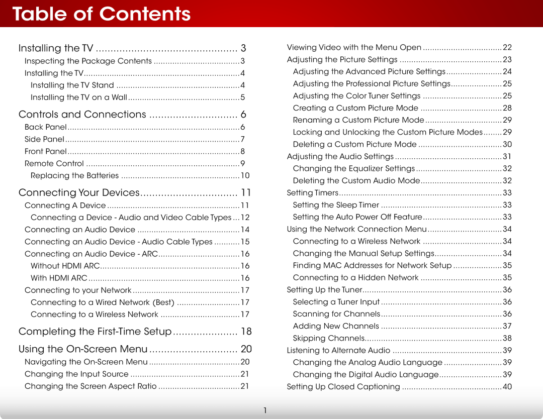 Vizio E320i-BO user manual Table of Contents 