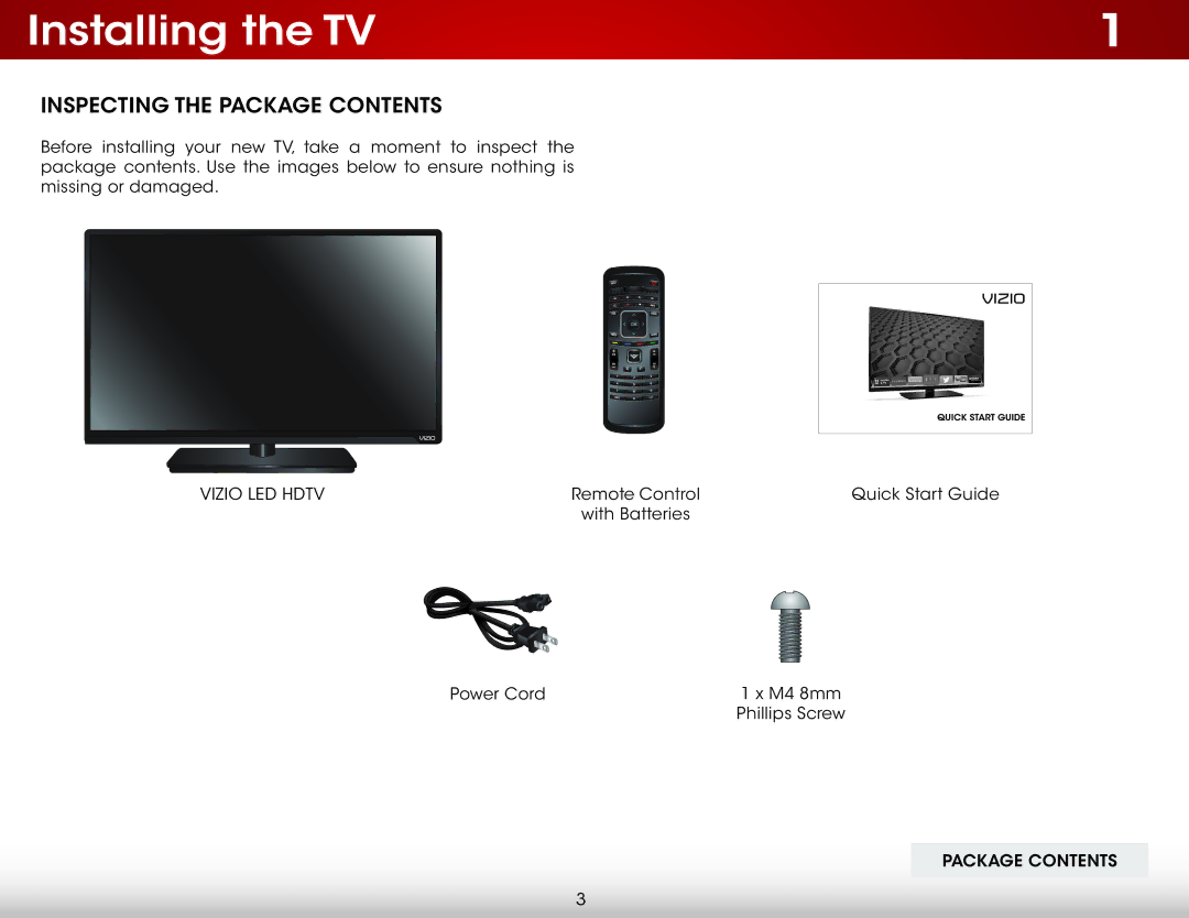 Vizio E320i-BO user manual Installing the TV, Inspecting the Package Contents 