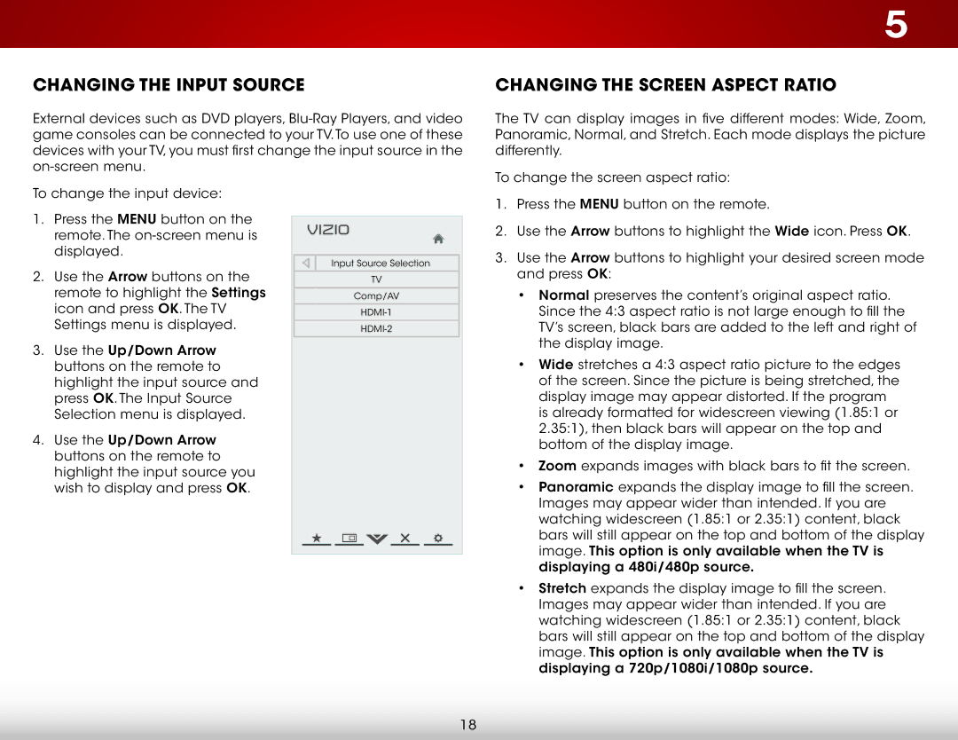 Vizio E320IA0, E320I-A0 user manual Changing the Input Source, Changing the Screen Aspect Ratio 