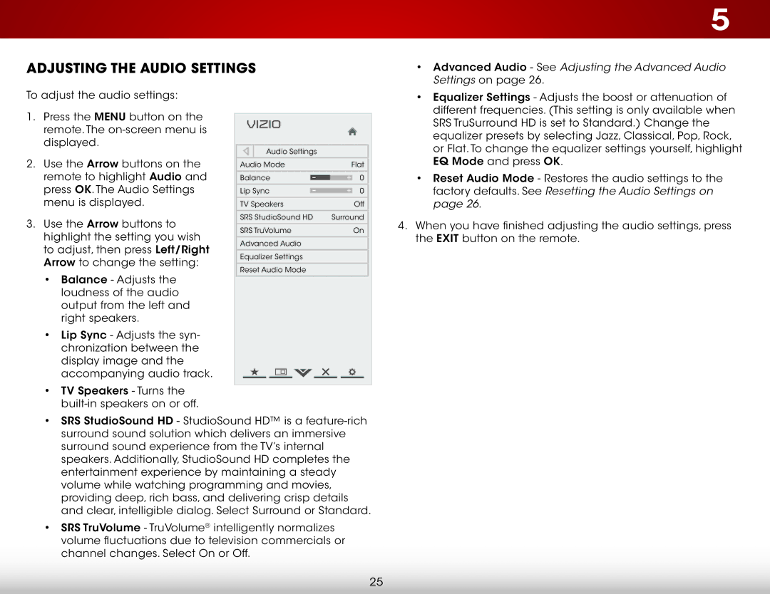 Vizio E320I-A0, E320IA0 user manual Adjusting the Audio Settings, Advanced Audio See Adjusting the Advanced Audio 