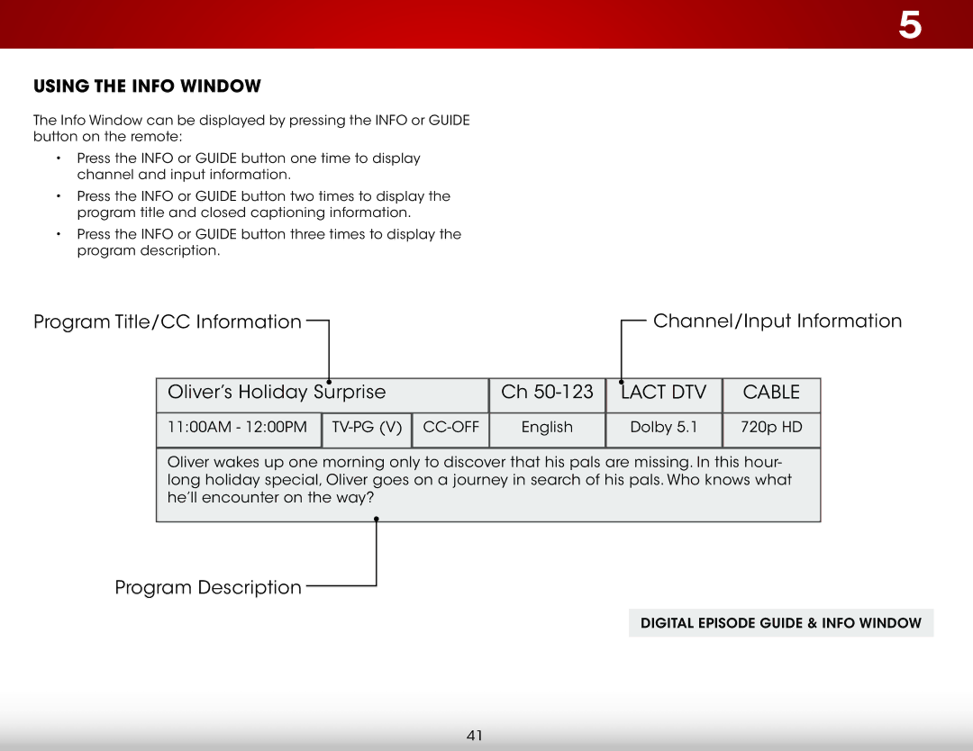 Vizio E320I-A0, E320IA0 user manual Lact DTV Cable, Using the Info Window 