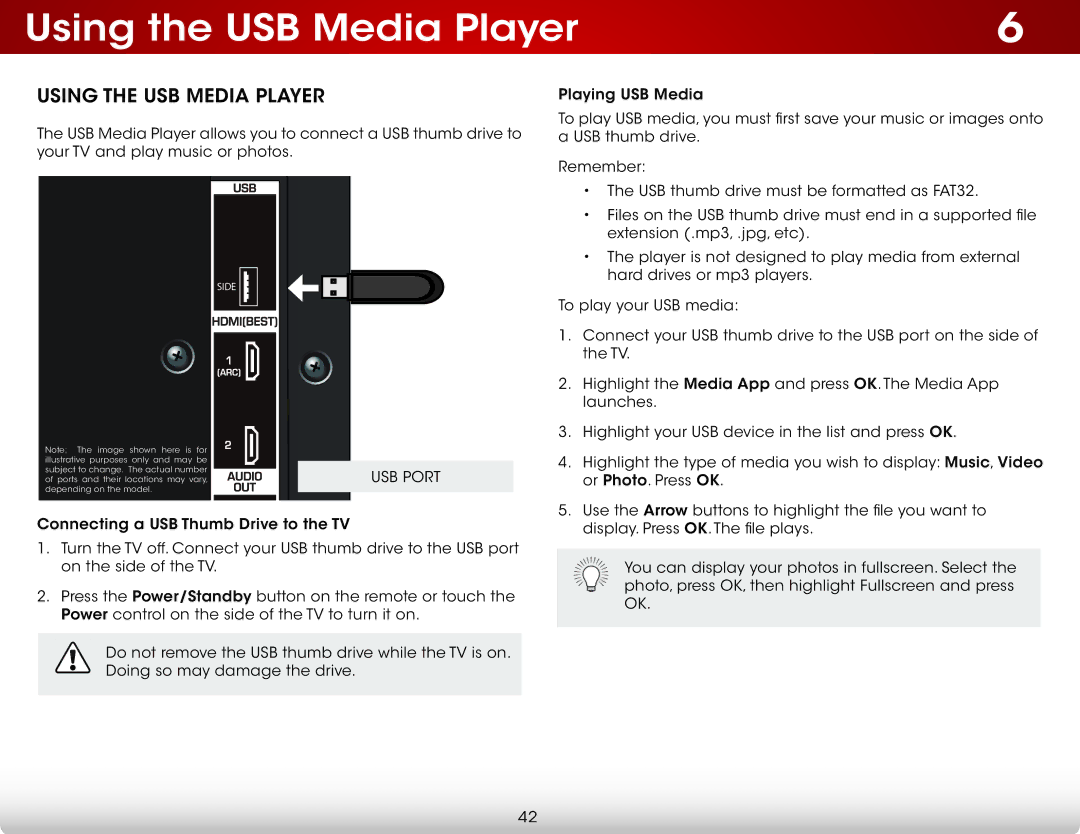 Vizio E320IA0, E320I-A0 user manual Using the USB Media Player 