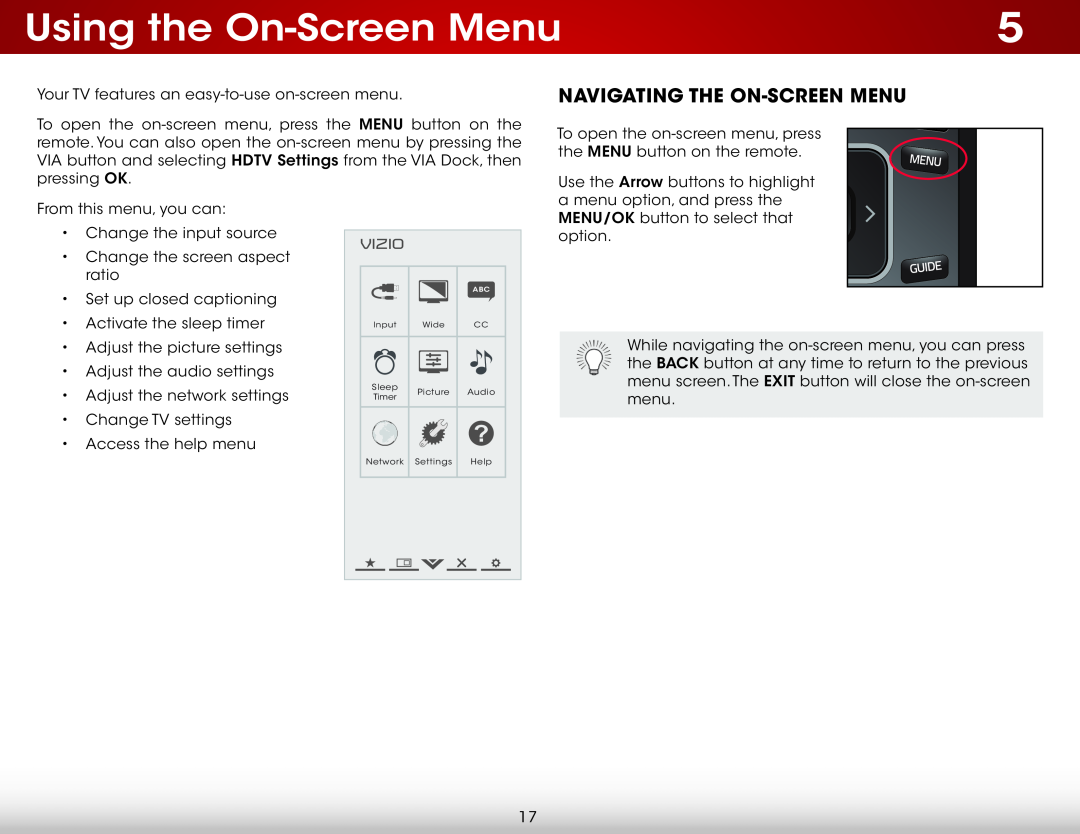 Vizio E320I-A0, E320IA0 user manual Using the On-Screen Menu, Navigating the On-Screen Menu 