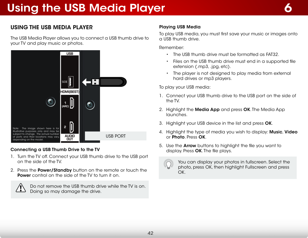 Vizio E320IA0, E320I-A0 user manual Using the USB Media Player, Usb Port 