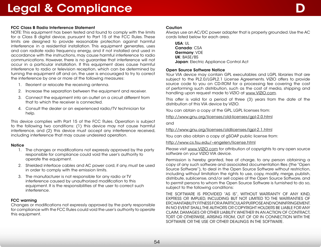 Vizio E320IA0, E320I-A0 user manual Legal & Compliance 