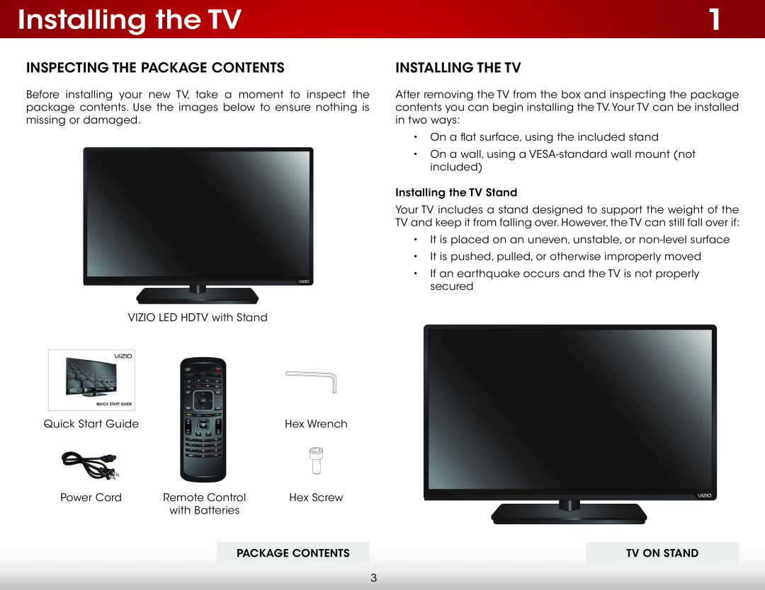Vizio E320I-A0, E320IA0 user manual Installing the TV, Inspecting the Package Contents 